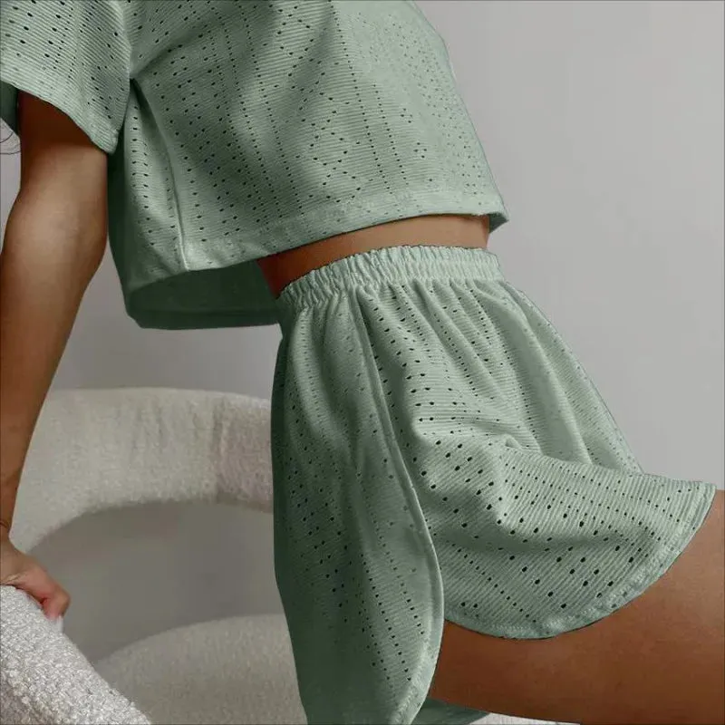 Spring & Summer Loungewear Eyelet Long Sleeve Top & Shorts