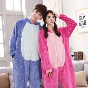 Spring And Fall Long Sleeved Cartoon One Piece Flannel Couple Pajamas