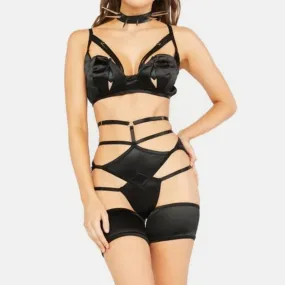Strappy Charlie Lingerie Set | Black Satin Cut Out Bra Top High Waist Panty Garters