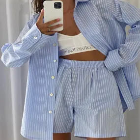 Stripes Matching Long Sleeve Shirts and Shorts Co ord Loose 2 Pieces Set