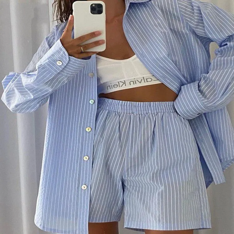 Stripes Matching Long Sleeve Shirts and Shorts Co ord Loose 2 Pieces Set