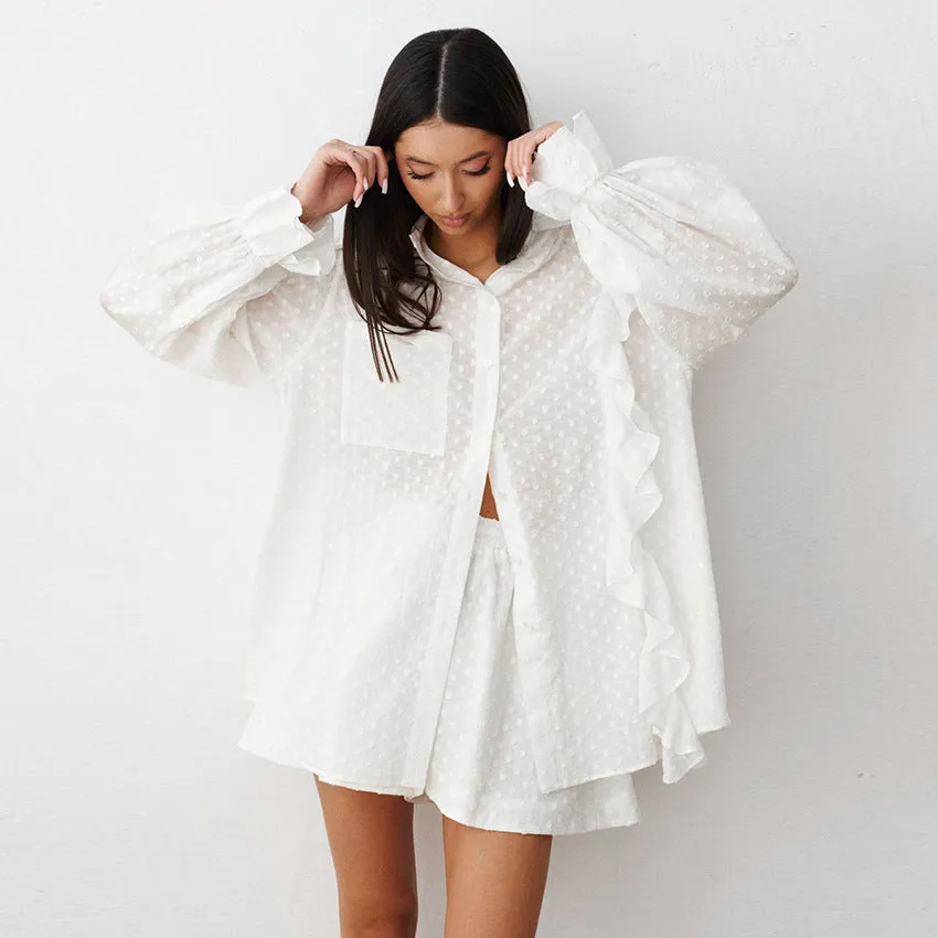 Summer Cotton Ruffle Long Sleeve Shirt and Shorts Set, Women's Loungewear Outerwear Two-Piece
