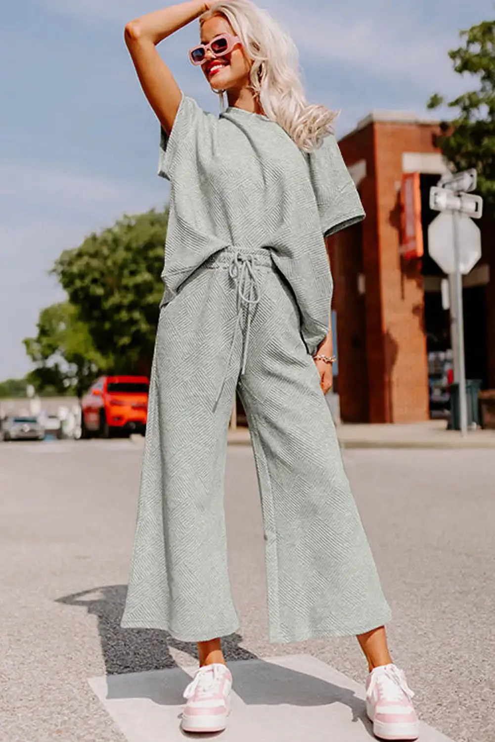 Textured Gray T Shirt and Drawstring Pants Set