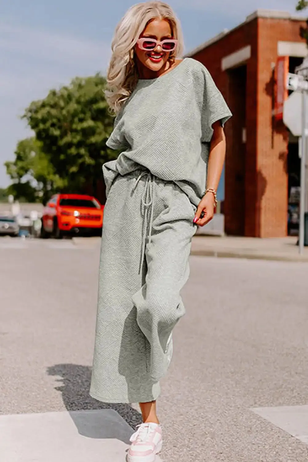 Textured Gray T Shirt and Drawstring Pants Set
