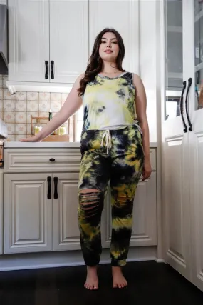 Tie Dye Tank Top & Ripped Sweatpants Set