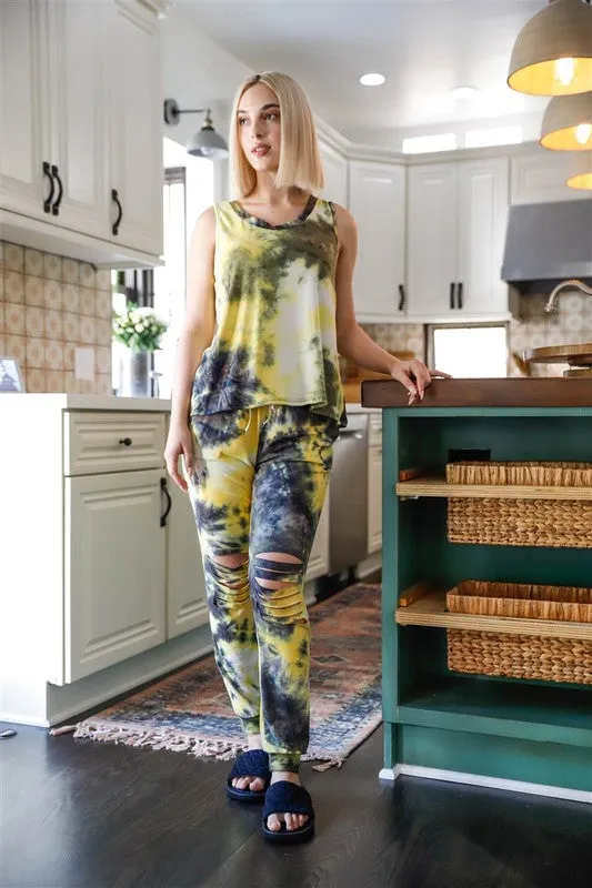 Tie Dye Tank Top & Ripped Sweatpants Set