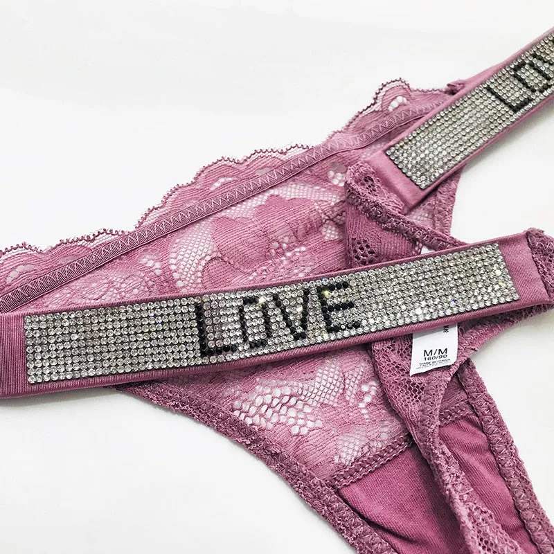 Underwear Rhinestone Letter Thongs Lace Transparent T Back for Low Rise Soft Panties Black Lingerie G String