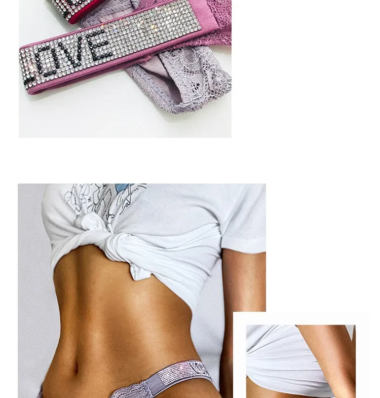 Underwear Rhinestone Letter Thongs Lace Transparent T Back for Low Rise Soft Panties Black Lingerie G String