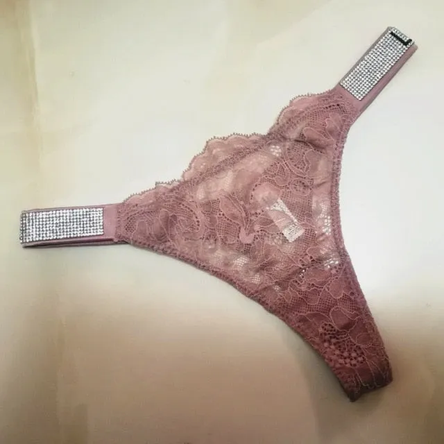 Underwear Rhinestone Letter Thongs Lace Transparent T Back for Low Rise Soft Panties Black Lingerie G String