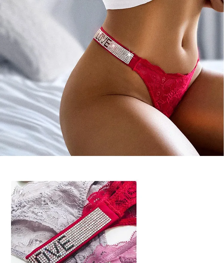 Underwear Rhinestone Letter Thongs Lace Transparent T Back for Low Rise Soft Panties Black Lingerie G String