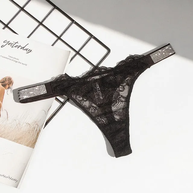Underwear Rhinestone Letter Thongs Lace Transparent T Back for Low Rise Soft Panties Black Lingerie G String