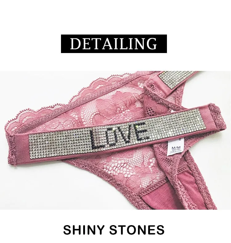 Underwear Rhinestone Letter Thongs Lace Transparent T Back for Low Rise Soft Panties Black Lingerie G String