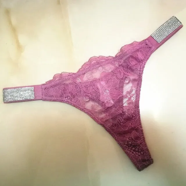 Underwear Rhinestone Letter Thongs Lace Transparent T Back for Low Rise Soft Panties Black Lingerie G String