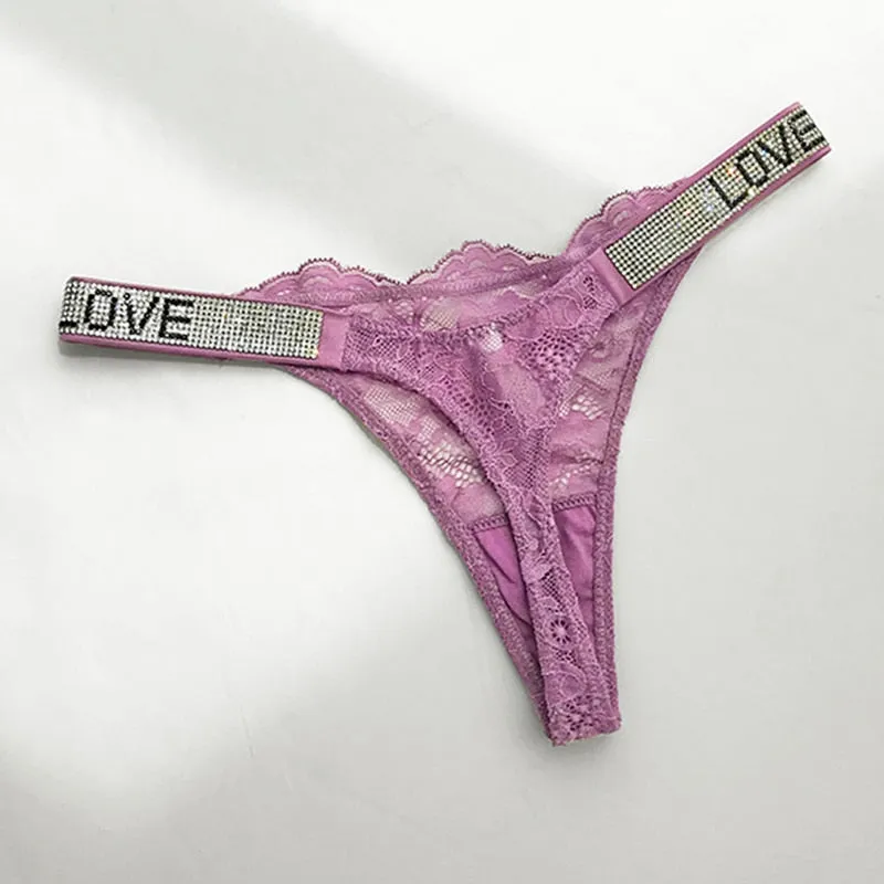 Underwear Rhinestone Letter Thongs Lace Transparent T Back for Low Rise Soft Panties Black Lingerie G String