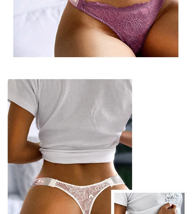 Underwear Rhinestone Letter Thongs Lace Transparent T Back for Low Rise Soft Panties Black Lingerie G String