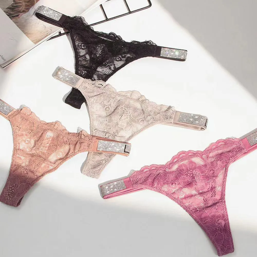 Underwear Rhinestone Letter Thongs Lace Transparent T Back for Low Rise Soft Panties Black Lingerie G String