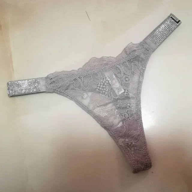 Underwear Rhinestone Letter Thongs Lace Transparent T Back for Low Rise Soft Panties Black Lingerie G String