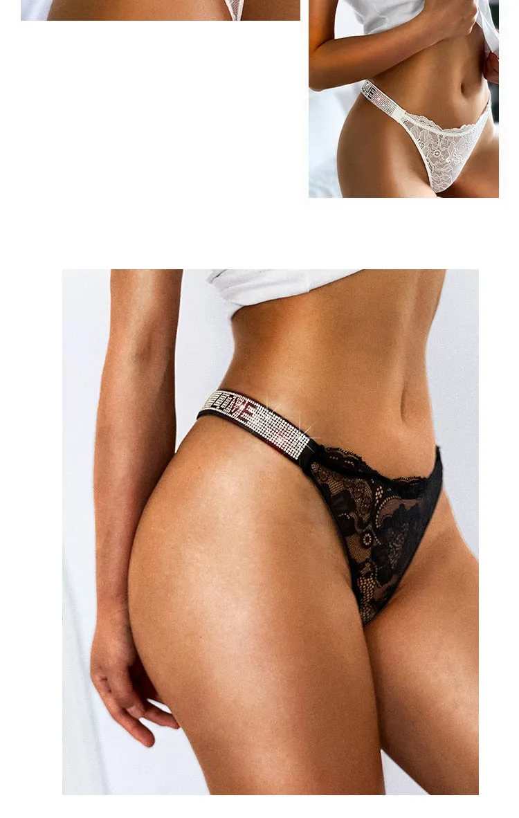 Underwear Rhinestone Letter Thongs Lace Transparent T Back for Low Rise Soft Panties Black Lingerie G String