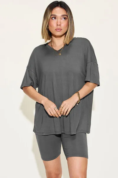 V-Neck Drop Shoulder Short Sleeve T-Shirt and Shorts Set