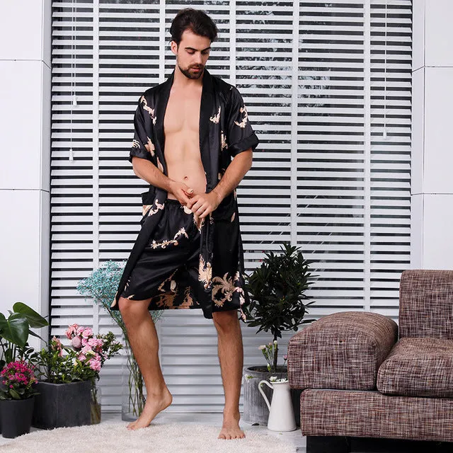 Wjczt Black Two-piece Robe Suit Male Silk Dragon Dressing Gown Extra large 5XL Robe With Dragons Mens Satin Bathrobe Silk Kimono Men
