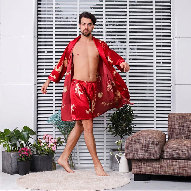 Wjczt Black Two-piece Robe Suit Male Silk Dragon Dressing Gown Extra large 5XL Robe With Dragons Mens Satin Bathrobe Silk Kimono Men