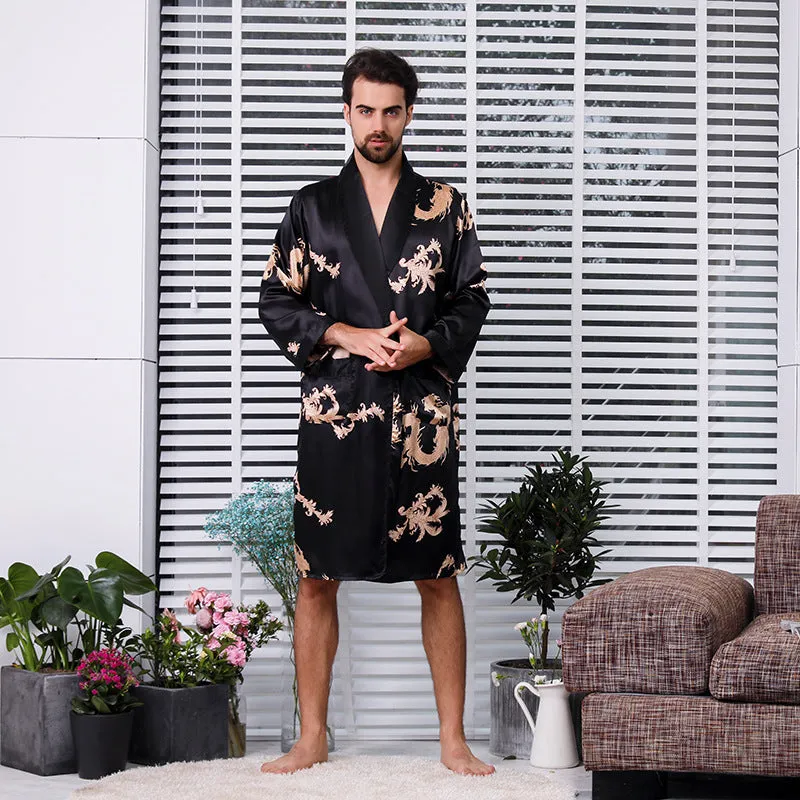 Wjczt Black Two-piece Robe Suit Male Silk Dragon Dressing Gown Extra large 5XL Robe With Dragons Mens Satin Bathrobe Silk Kimono Men