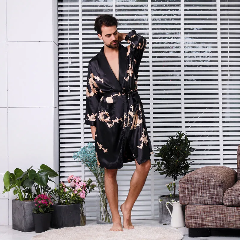 Wjczt Black Two-piece Robe Suit Male Silk Dragon Dressing Gown Extra large 5XL Robe With Dragons Mens Satin Bathrobe Silk Kimono Men