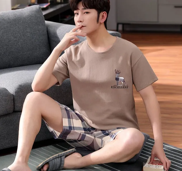 Wjczt Mens Big Size Lounge Wear Fashion Cotton Pajamas Summer Short Pj Set Khaki Deer Printed Stylish Plaid Homewear 3xl 4xl Nightwear