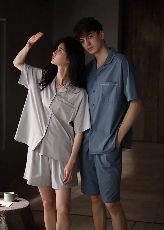 Women Grey Peter Pan Collar Patchwork Button Cotton Couple Pajamas Two Pieces Set Short Sleeve