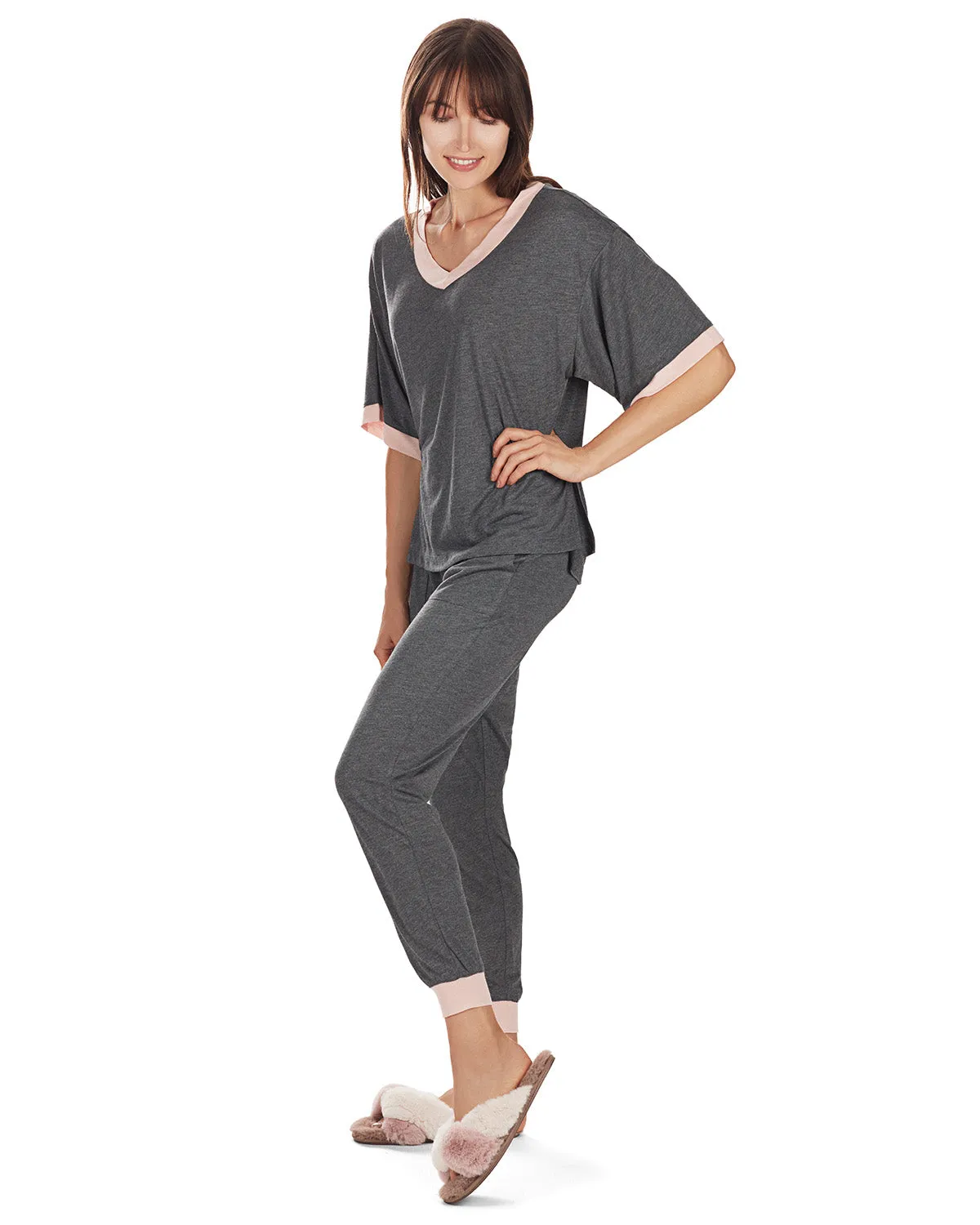 Women's Contrast Trim Loose Fit Modal Short Sleeve and Pants Set