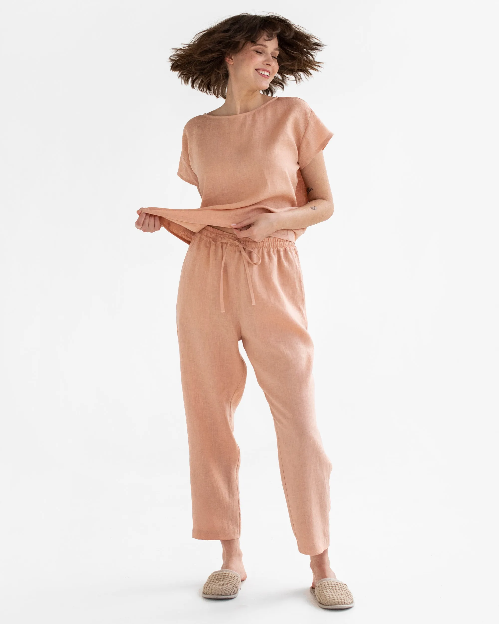Women's linen pajama set RAVELLO in Peach