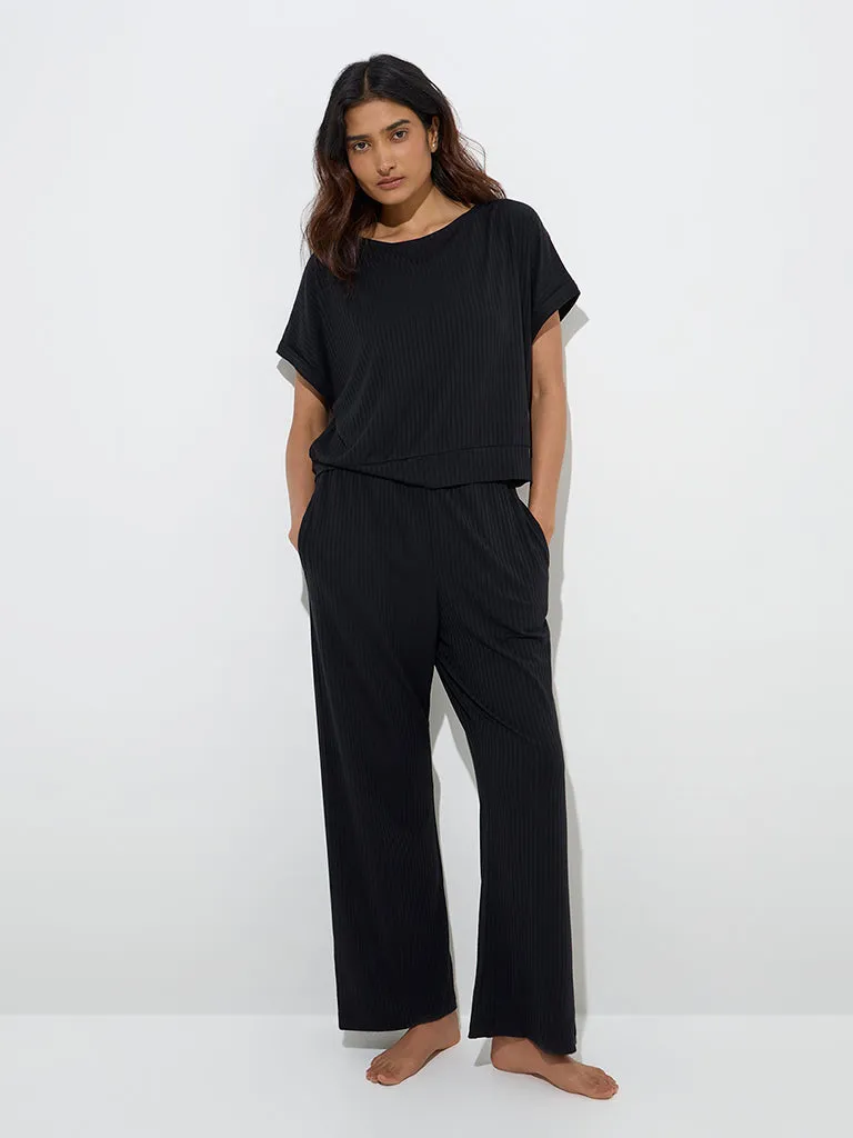 Wunderlove Black Self-Striped T-Shirt