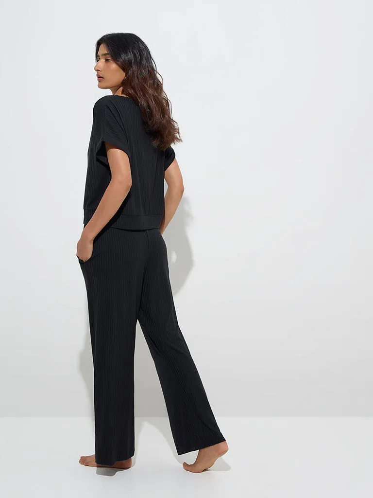 Wunderlove Black Self-Striped T-Shirt
